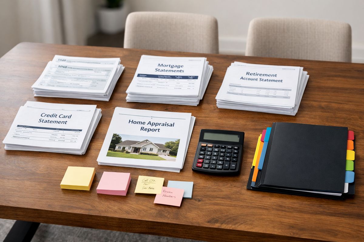 A dining table covered with organized tax returns, mortgage statements, retirement account printouts, credit card bills, a home appraisal report, and sticky notes arranged in neat stacks, with a calculator and folder dividers placed beside them to show the document-gathering and valuation process