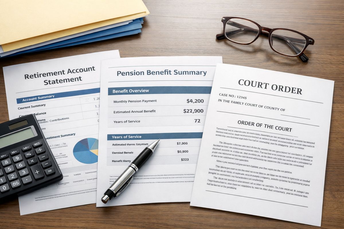 A close-up of printed retirement account statements, a pension benefit summary, and a court order document on a desk, with a calculator, pen, and file folders arranged beside a pair of eyeglasses