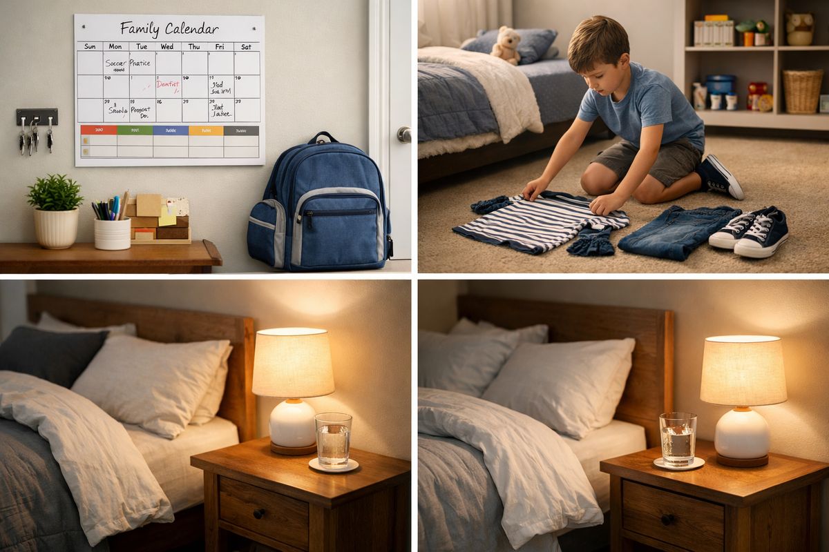 A calm home routine scene with a family wall calendar, a neatly packed school backpack by the door, a child setting out clothes for the next day, and two separate homes shown with matching bedtime routines like a turned-down bed, a glass of water, and a bedside lamp