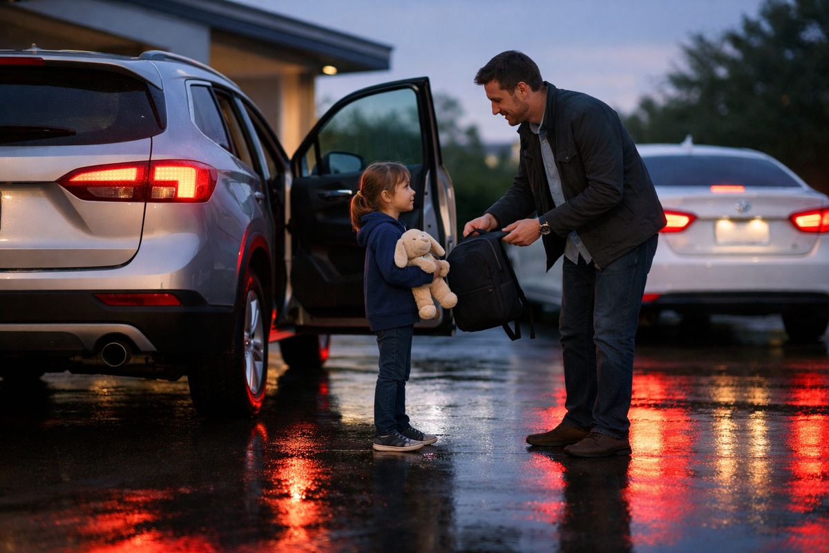 A driveway at dusk with two parked cars, one child holding a stuffed animal near an open car door, and a parent standing beside the vehicle during a handoff while wet pavement reflects the red glow of taillights