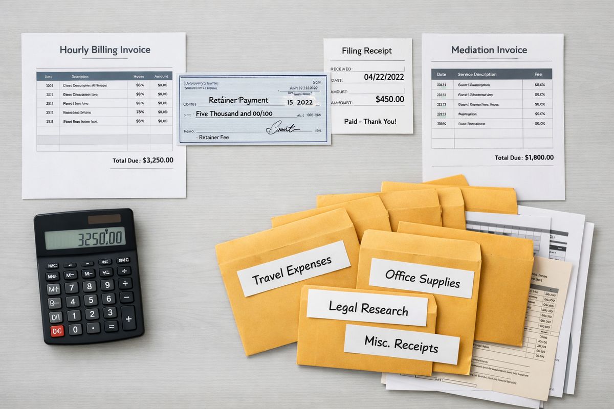 An overhead view of a desk with an hourly billing invoice, a retainer check, a calculator, a filing receipt, a mediation invoice, and several separate expense envelopes grouped beside court papers and account statements.