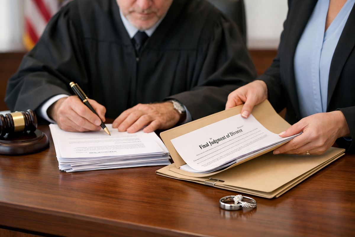 A courtroom bench with a judge signing a stack of final divorce papers, a clerk placing the signed document into a case file, and a couple’s wedding band set beside the folder, showing the moment the judgment is entered.
