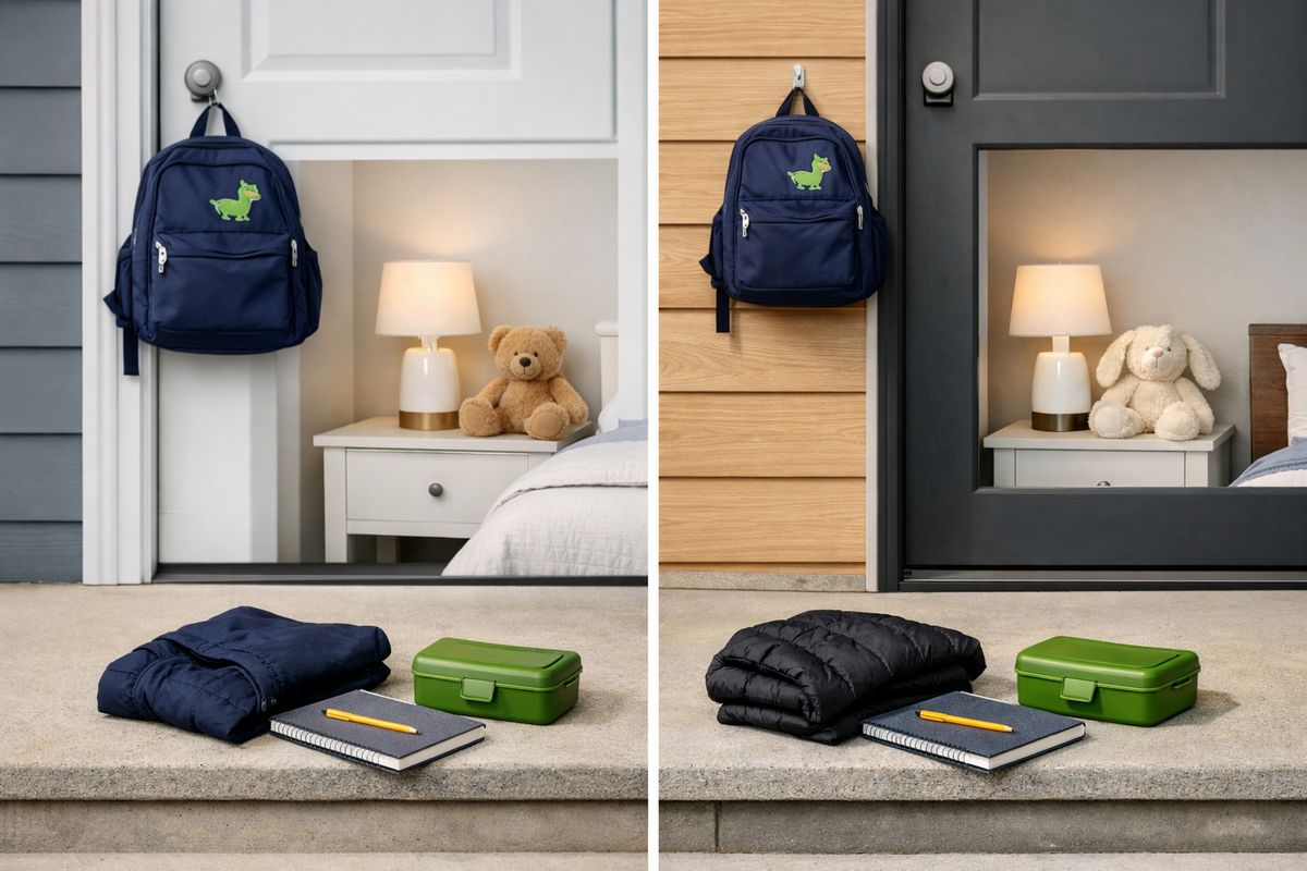 Two homes shown side by side in a split scene, each with the same child’s backpack hung by the door, a tidy bedtime setup with a small lamp and stuffed animal, and a visible routine of an organized exchange at the front steps with a notebook, jacket, and lunch container ready to go