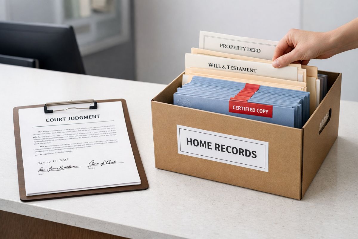 A clerk’s counter with a signed court judgment document, a stack of sealed certified copies, and a file folder being placed into a home records box alongside other important legal papers