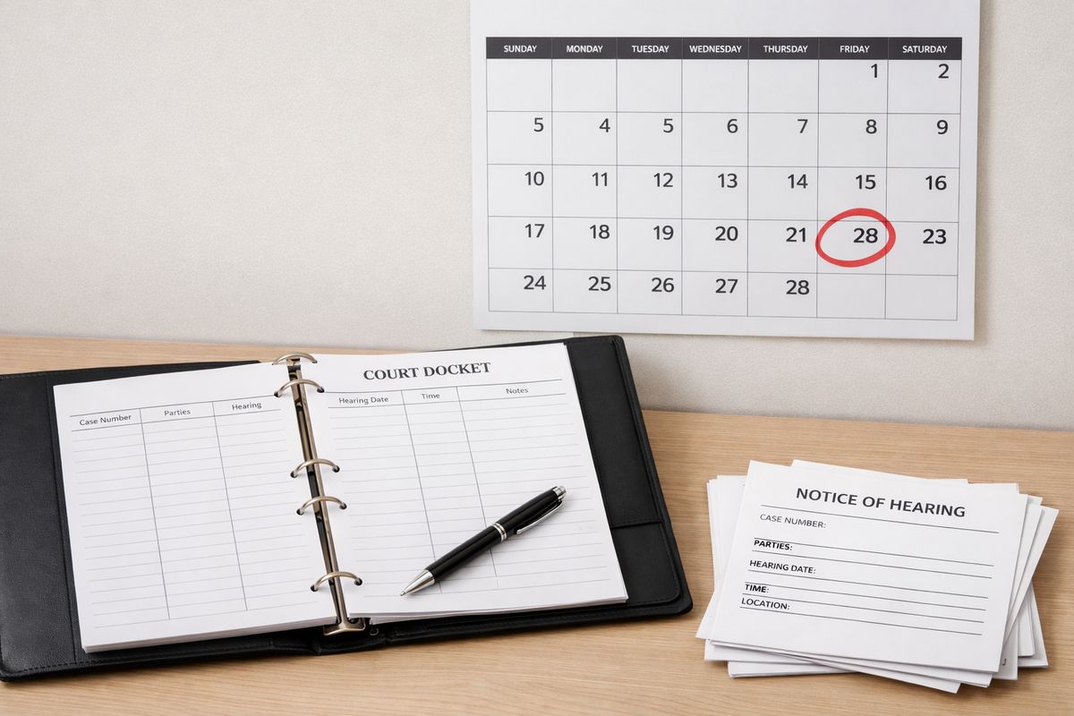 An open courthouse docket binder next to a wall calendar and several stacked hearing notices, with one date circled to show when the waiting period ends and the earliest final hearing can be scheduled