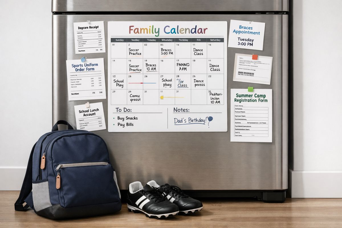 A family calendar on a refrigerator surrounded by receipts for daycare, sports uniforms, school lunch accounts, braces appointments, and summer camp forms, with a backpack and soccer cleats on the floor below