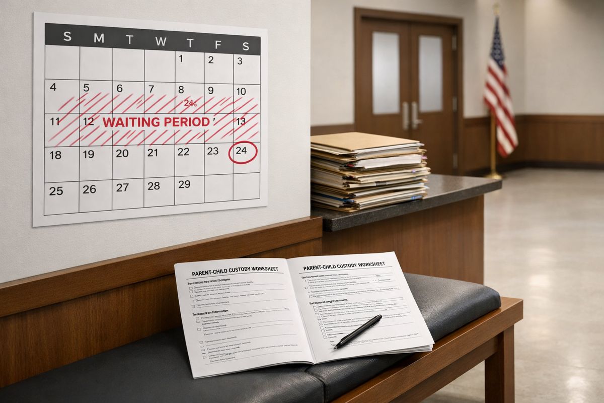A courthouse hallway scene with a wall calendar marked by a waiting period, stacked case folders on a counter, and a parent-child custody worksheet spread open on a bench nearby