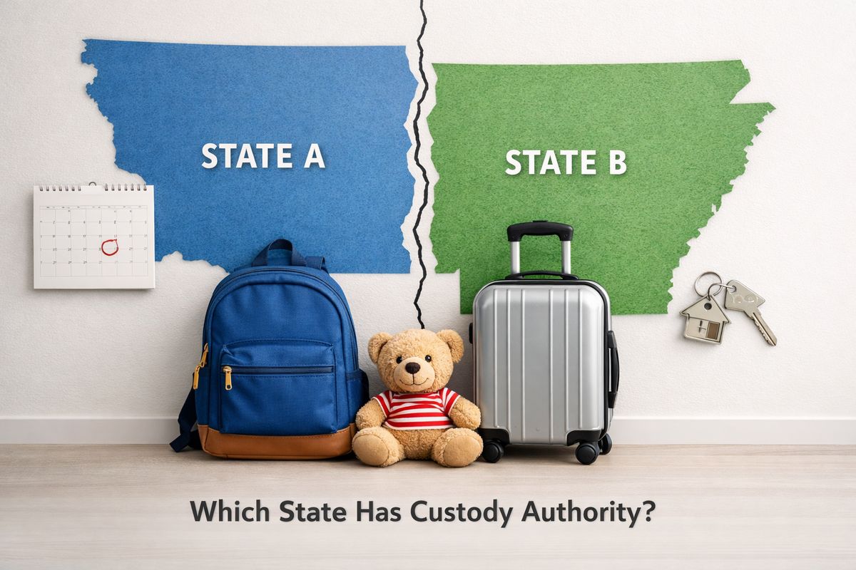 A split wall map of two neighboring states with a child’s backpack, a small suitcase, and a toy placed across the boundary line, alongside a calendar and a house key to show a recent move and the question of which state has custody authority