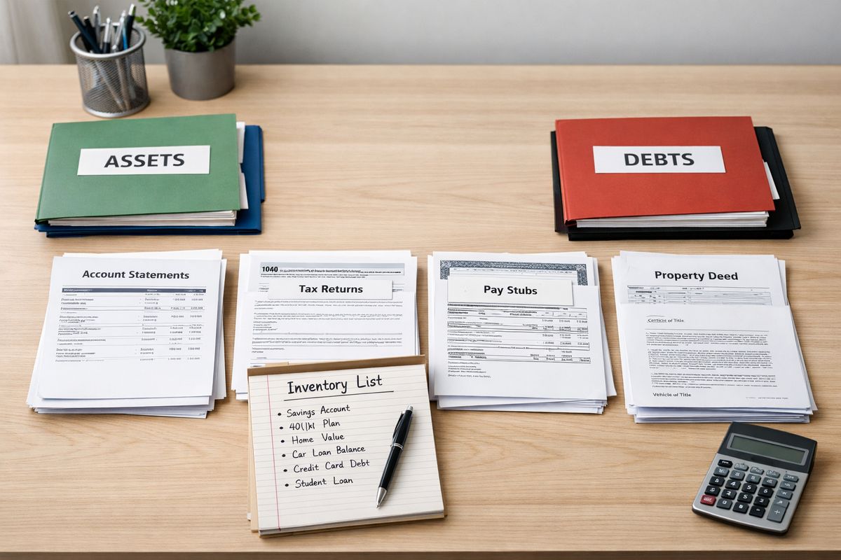 A desk organized with stacks of recent account statements, tax returns, pay stubs, vehicle titles, property deeds, and a handwritten inventory sheet, with folders arranged into separate piles for assets and debts