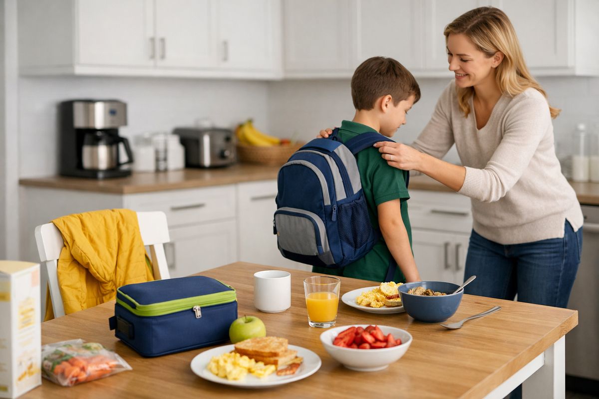 A familiar family kitchen on a school morning with breakfast still on the table, a packed lunch box, a child’s jacket on a chair, and a parent calmly helping with a backpack while the house feels orderly and unchanged