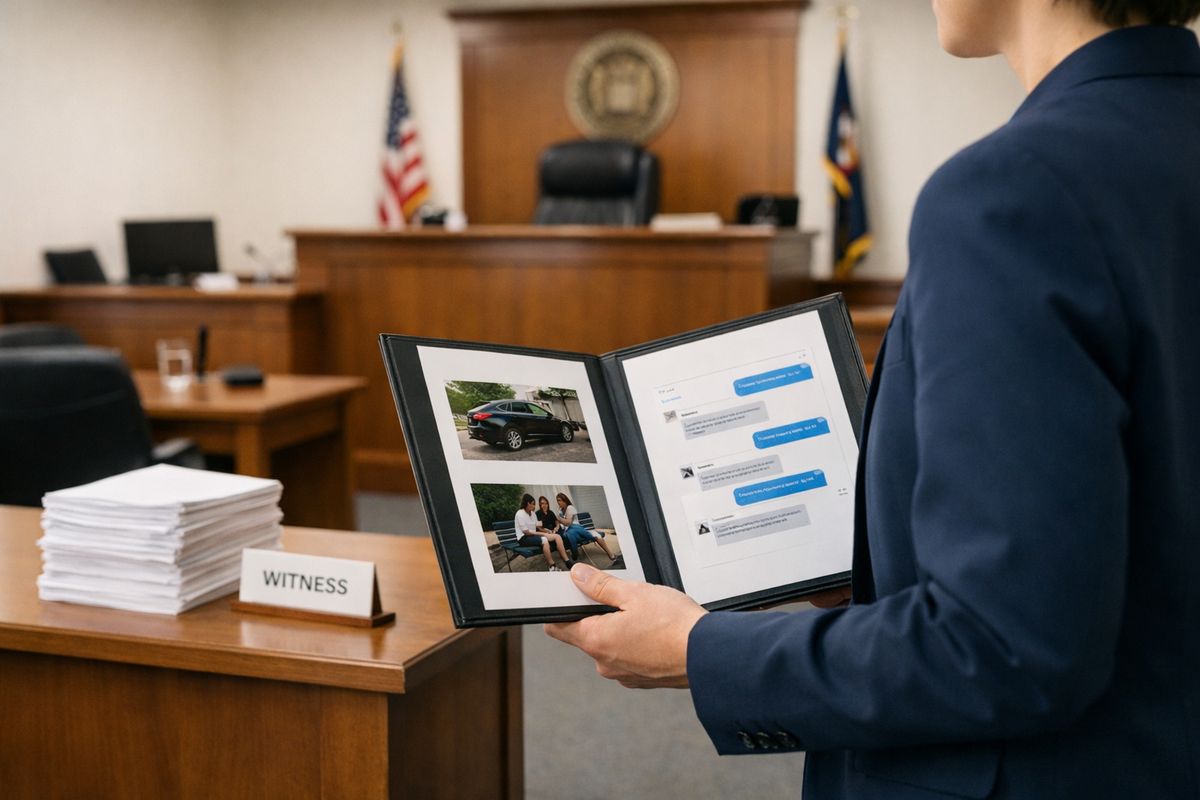 A small courtroom with a witness table, stacked paper exhibits, a bench at the front, and a person standing while holding a folder of printed photos and message screenshots