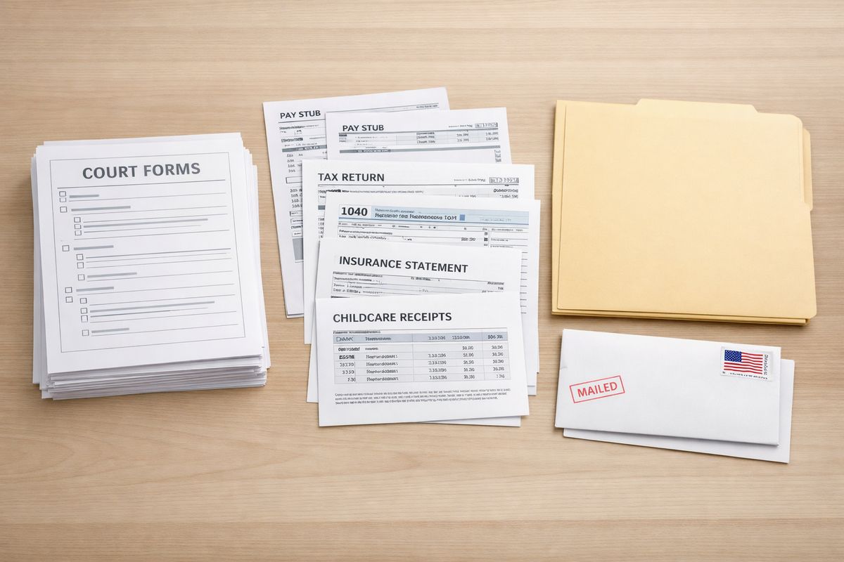 A tidy stack of completed court forms beside pay stubs, tax returns, insurance statements, and childcare receipts laid out on a desk, with a manila file folder and a stamped envelope ready to be mailed.