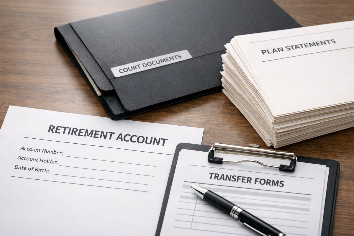 A close-up of retirement account paperwork laid beside a folder with court documents, a thick stack of plan statements, and a pen resting near a clipped set of transfer forms on a desk