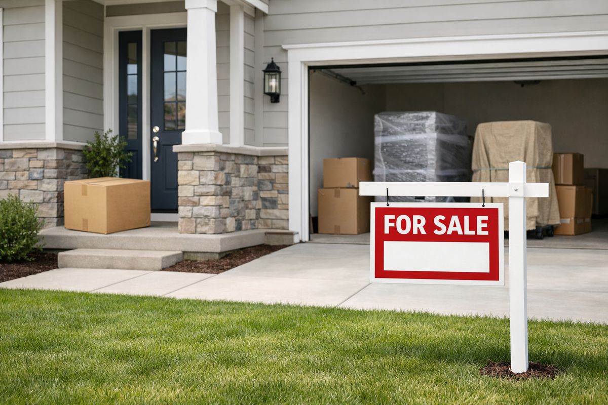 The front of a suburban house with a moving box on the porch, a for-sale sign in the yard, and a couple of packed furniture pieces visible through an open garage door